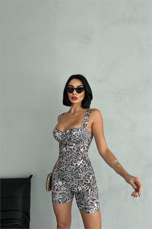 Dipmoda kadın leopar desenli destekli fit tulum DPNBDF095