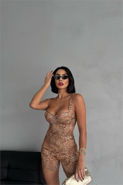 Dipmoda kadın leopar desenli destekli fit tulum DPNBDF095