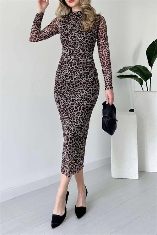 Dipmoda kadın leopar desenli drapeli tül elbise NBDKS01