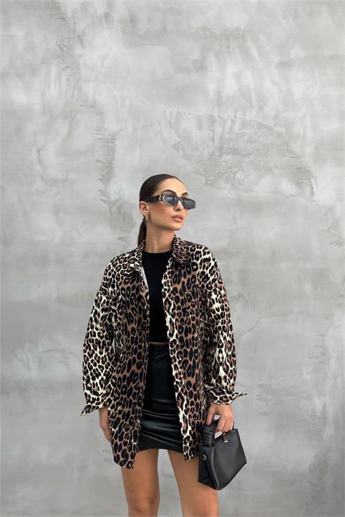 Dipmoda kadın leopar desenli gabardin gömlek NBASP7253