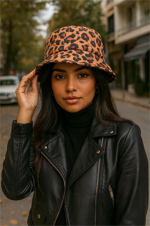 Dipmoda kadın leopar desenli kapitone bucket şapka DPAKS005