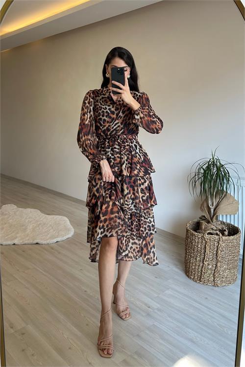 Dipmoda kadın leopar desenli kat kat volanlı şifon elbise NM014