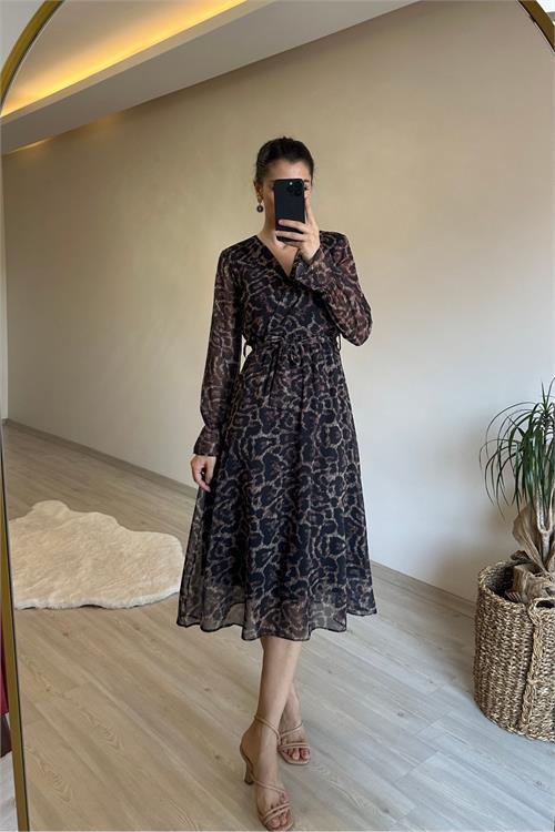 Dipmoda kadın leopar desenli kruvaze yaka midi şifon elbise NM020