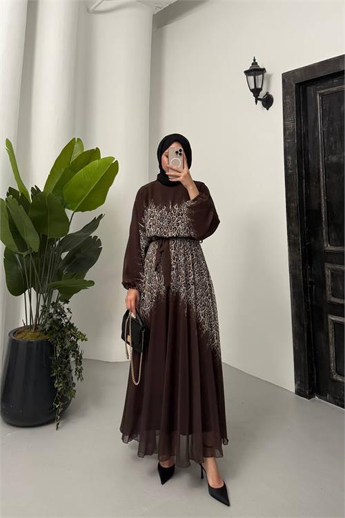 Dipmoda kadın leopar desenli şifon tesettür elbise NMS055