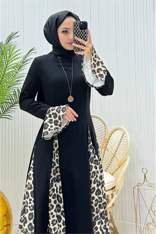 Dipmoda kadın leopar desenli tesettür abiye elbise DPNMS040