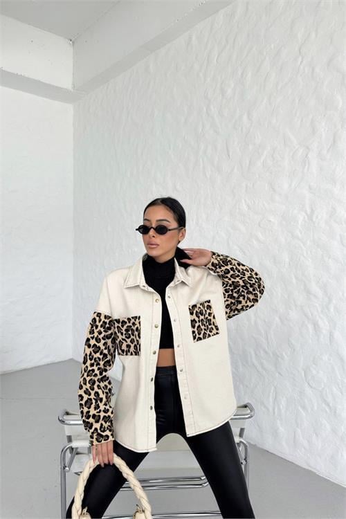 Dipmoda kadın Leopar detaylı gabardin gömlek NBASP7250