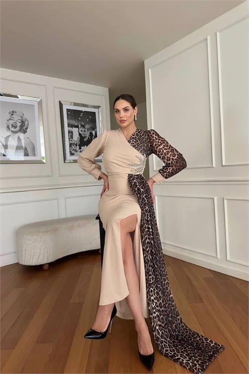 Dipmoda kadın leopar detaylı yırtmaçlı abiye elbise DPNC2509