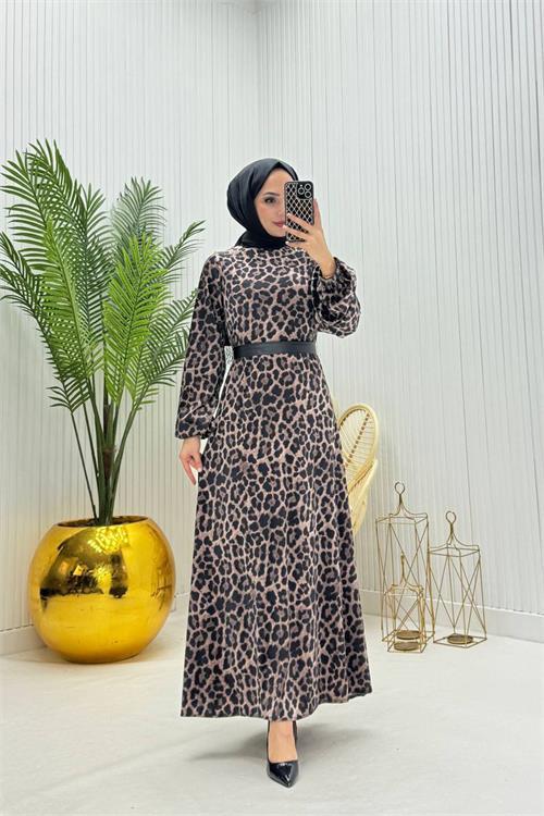 Dipmoda kadın leopar kadife tesettür elbise NMS030