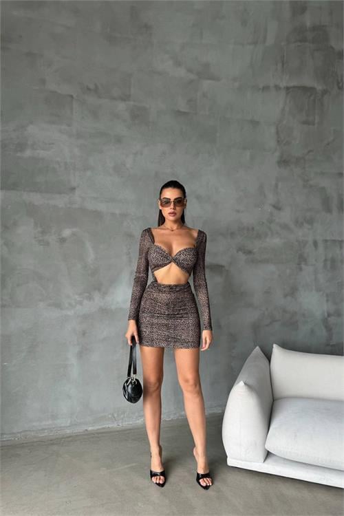 Dipmoda kadın leopar sırt ve göğüs dekolteli mini elbise NBDF079