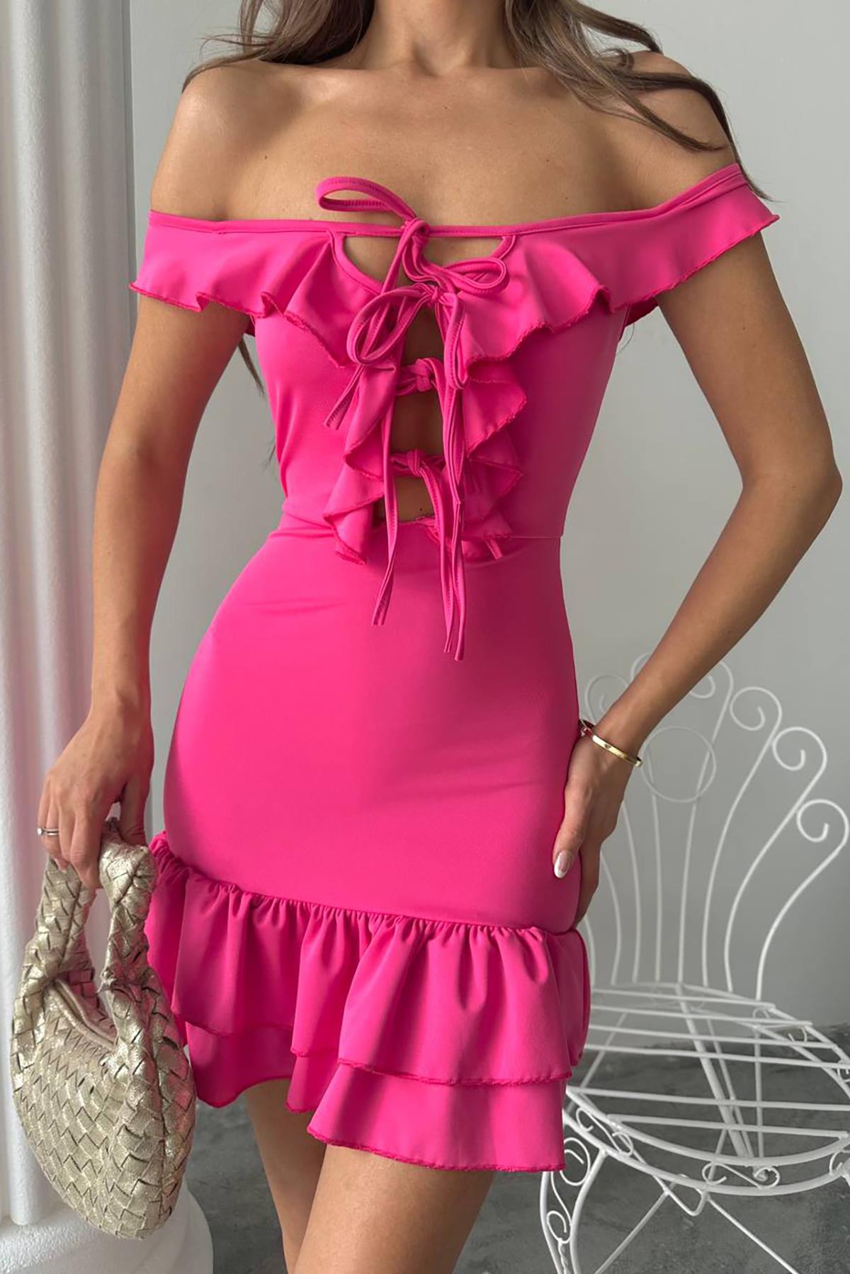 Dipmoda kadın likralı bağcık detaylı mini elbise DPDF041