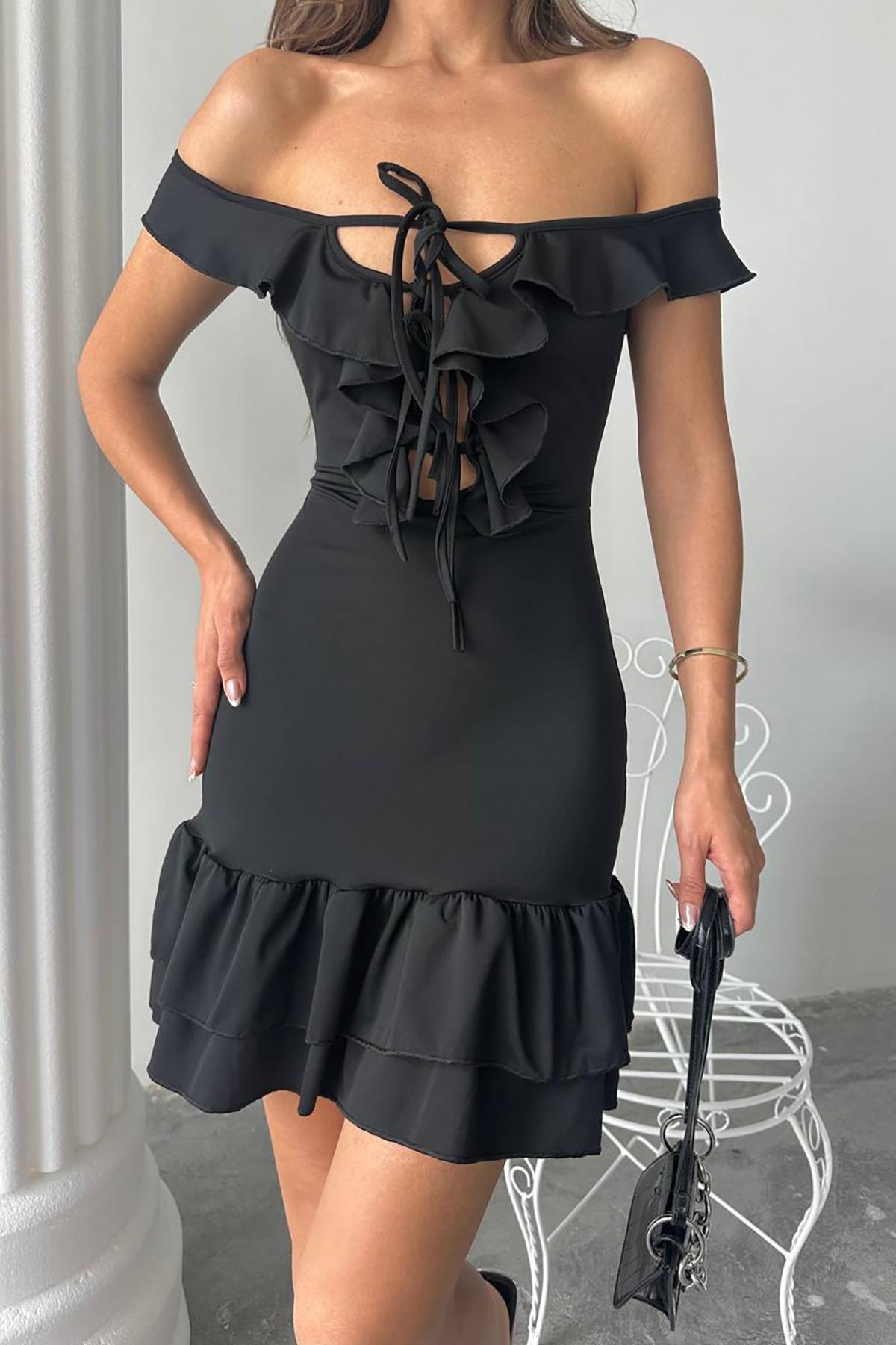 Dipmoda kadın likralı bağcık detaylı mini elbise DPDF041