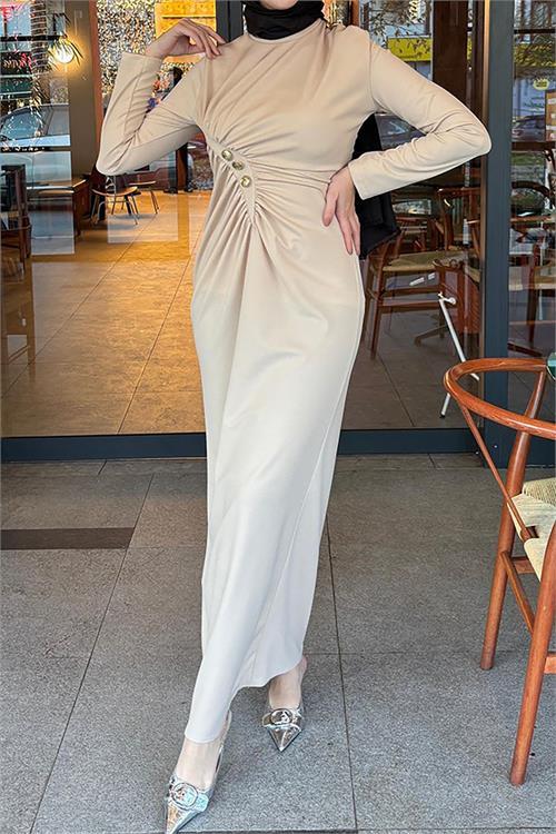 Dipmoda kadın likralı düğme detaylı tesettür elbise NMS046