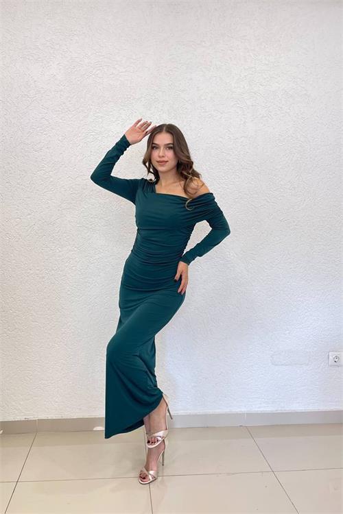 Dipmoda kadın likralı omuz detaylı uzun elbise NBSHNZ04