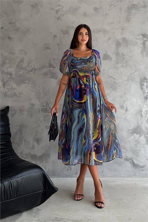 Dipmoda kadın madona yaka desenli şifon elbise NBQ009 