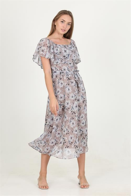 Dipmoda kadın madonna yaka kuşaklı desenli şifon elbise RY10037