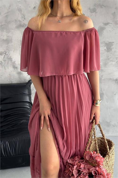 Dipmoda kadın madonna yaka piliseli şifon elbise NBK2099 