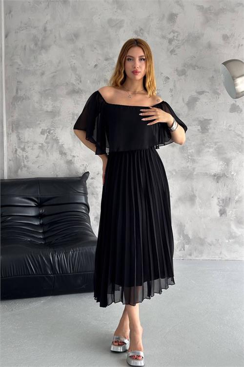 Dipmoda kadın madonna yaka piliseli şifon elbise NBK2099 