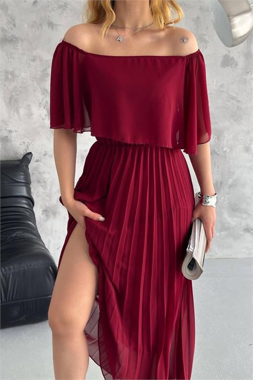 Dipmoda kadın madonna yaka piliseli şifon elbise NBK2099 