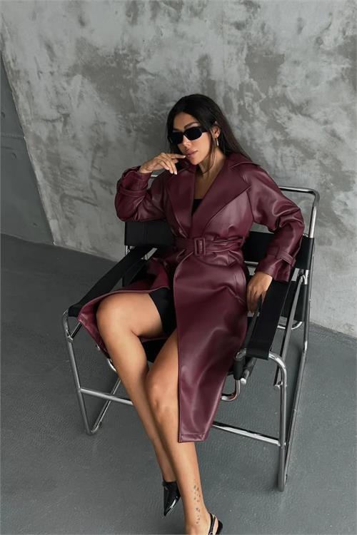 Dipmoda kadın Marilyn bordo suni deri trençkot DPNBMYLK21