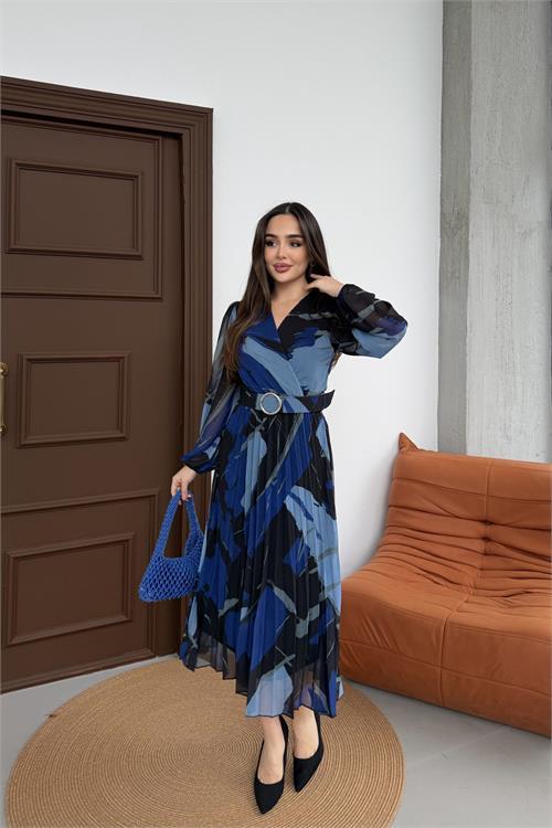 Dipmoda kadın mavi beli kemerli piliseli kruvaze yaka şifon elbise DPELB03