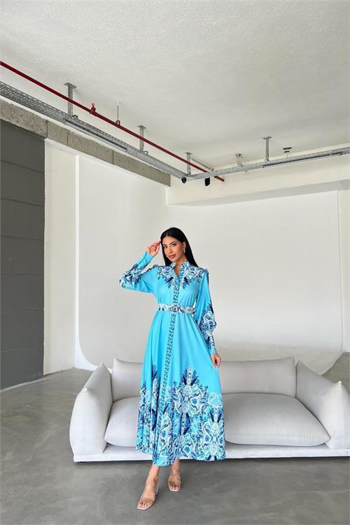 Dipmoda kadın mavi kemerli tasarım elbise DPMS4277