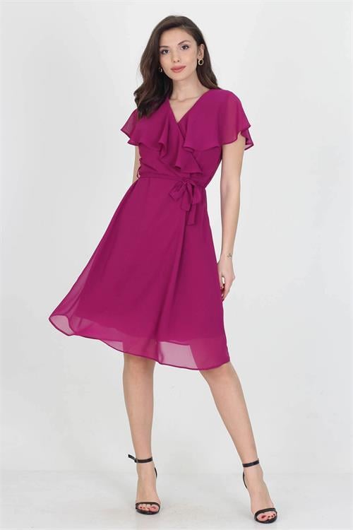 Dipmoda kadın midi boy yeni sezon kruvaze yaka melek kol şifon elbise RY8081 