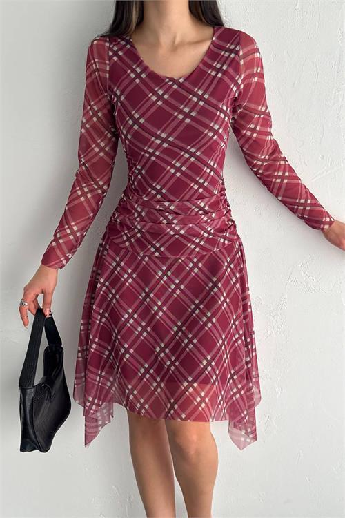 Dipmoda kadın mini boy desenli asimetrik tül elbise DPK4162