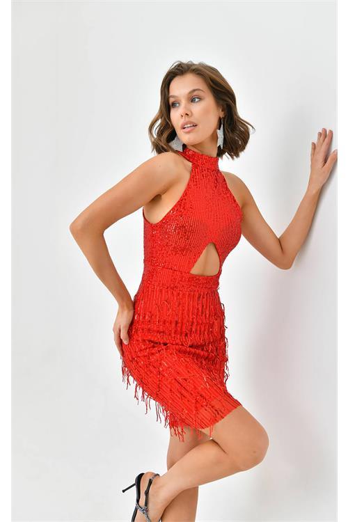 Dipmoda kadın mini pul payet saçaklı abiye elbise NBSWLL05 