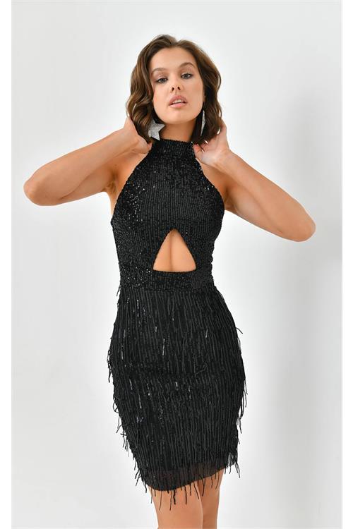 Dipmoda kadın mini pul payet saçaklı abiye elbise NBSWLL05 