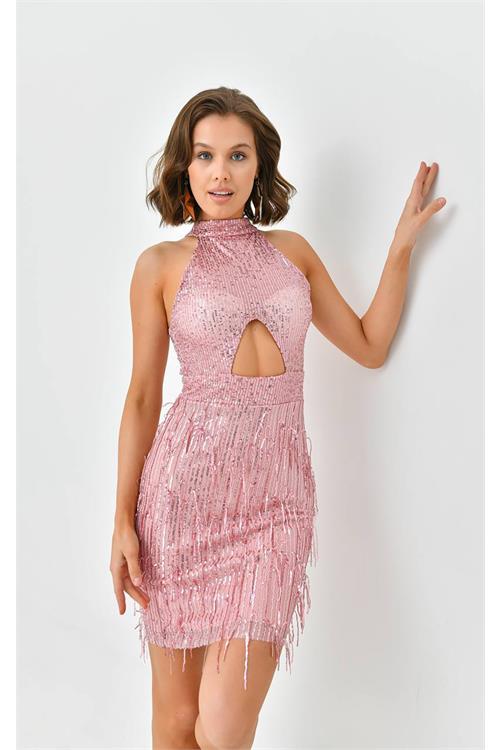 Dipmoda kadın mini pul payet saçaklı abiye elbise NBSWLL05 