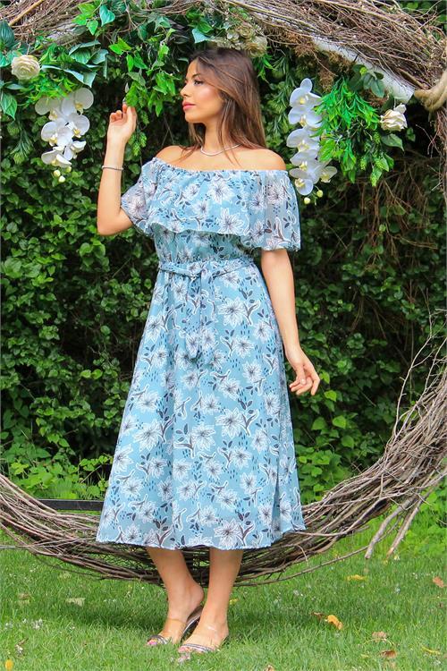 Dipmoda kadın mint carmen yaka çiçekli midi boy şifon elbise NB10037 