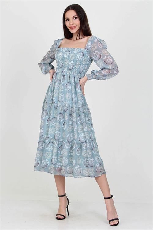 Dipmoda kadın mint gipeli kare yaka desenli şifon elbise NB100361 