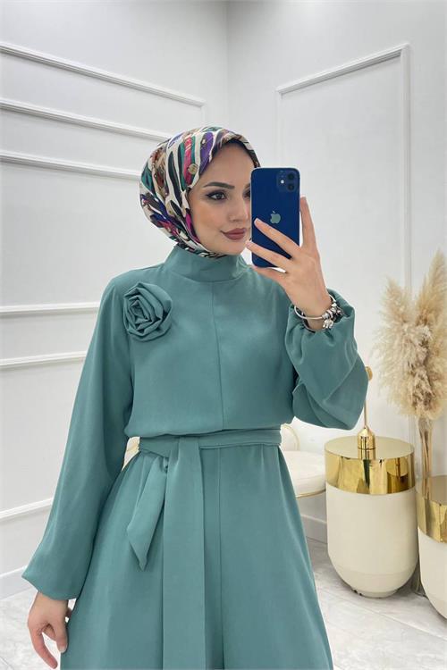 Dipmoda kadın mint kuşaklı gül detaylı salaş tulum NMS003 
