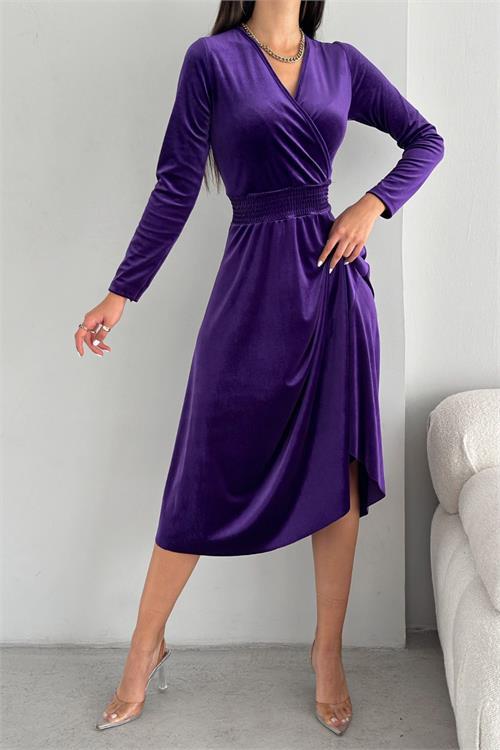 Dipmoda kadın mor beli gipeli kruvaze kadife elbise NBQ013