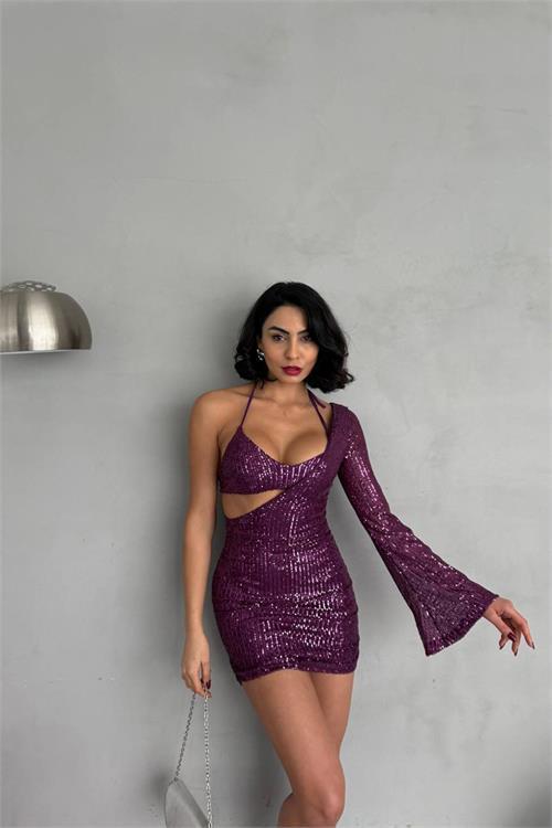 Dipmoda kadın mor bralet bustiyer elbise takım DPNBDF130