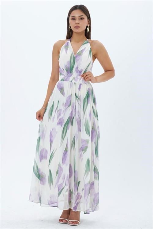 Dipmoda kadın mor yaprak desen halter yaka maxi boy elbise DPMY4122