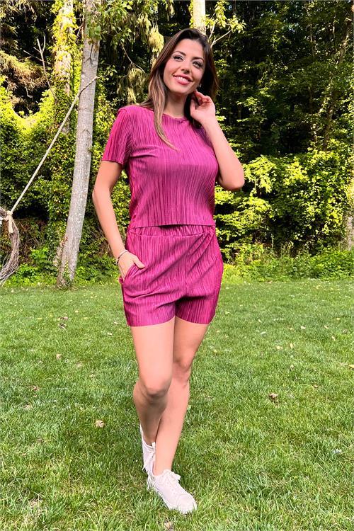 Dipmoda kadın mürdüm piliseli alt üst şortlu takım NB10047 