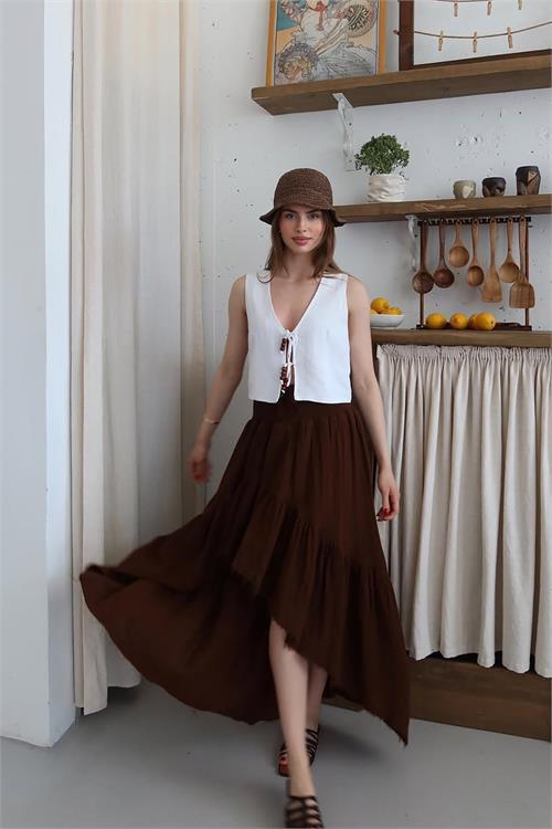 Dipmoda kadın müslin kumaş asimetrik etek DPNP011