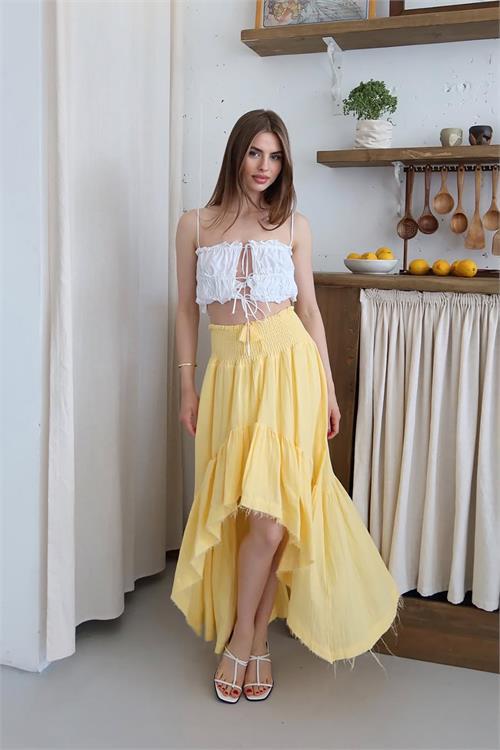 Dipmoda kadın müslin kumaş asimetrik etek DPNP011