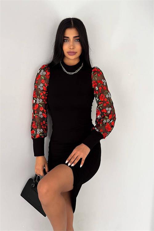 Dipmoda kadın nakışlı balon kol triko elbise KKLF50 - Siyah 