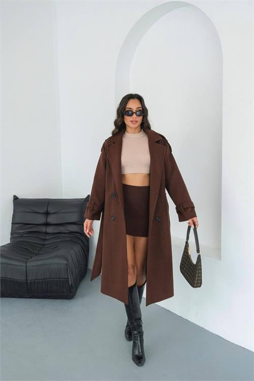 Dipmoda kadın omuz detaylı acı kahve kaşe kaban DPMYLK34