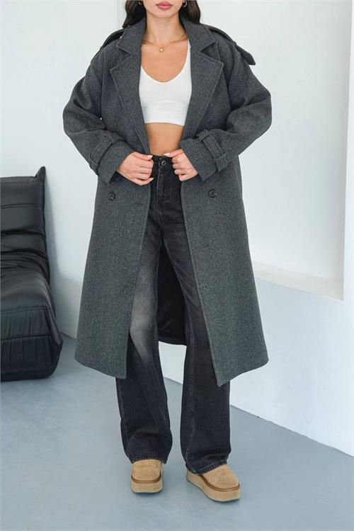 Dipmoda kadın omuz detaylı antrasit kaşe kaban DPMYLK34