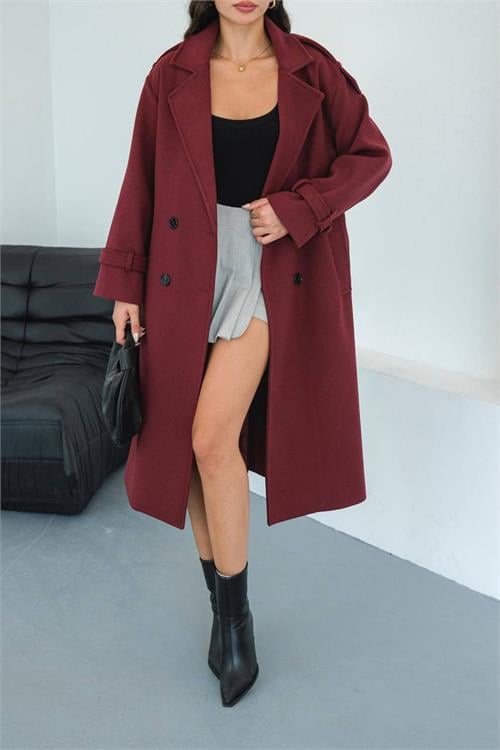 Dipmoda kadın omuz detaylı bordo kaşe kaban DPMYLK34