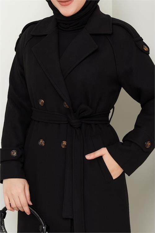 Dipmoda kadın omuz detaylı düğmeli midi boy astarlı kaşe kaban DPFT005