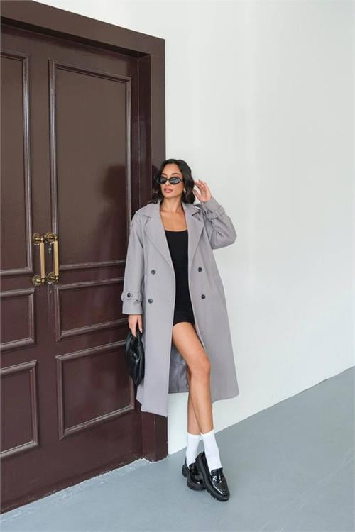 Dipmoda kadın omuz detaylı gri kaşe kaban DPMYLK34