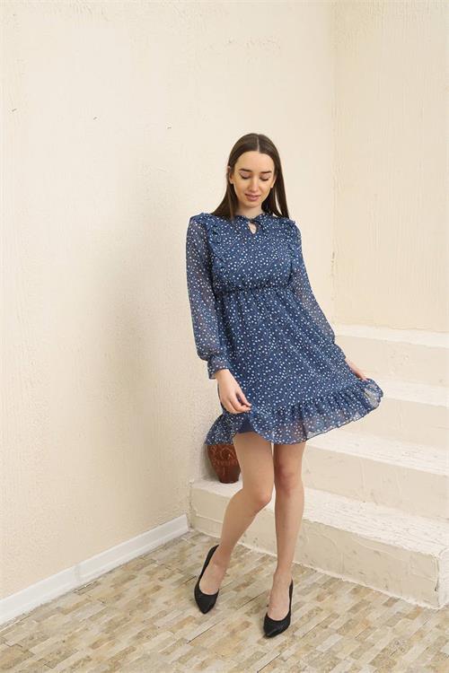 Dipmoda kadın omuz detaylı mini şifon elbise RSSN40 - Mavi 