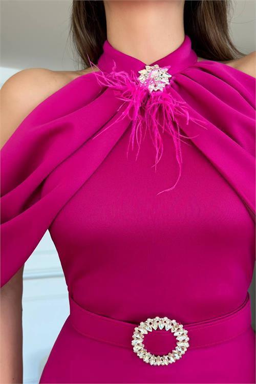 Dipmoda kadın omuz detaylı toka kemerli midi boy elbise DPNC110095