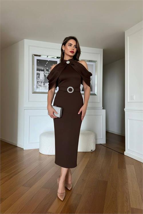 Dipmoda kadın omuz detaylı toka kemerli midi boy elbise DPNC110095