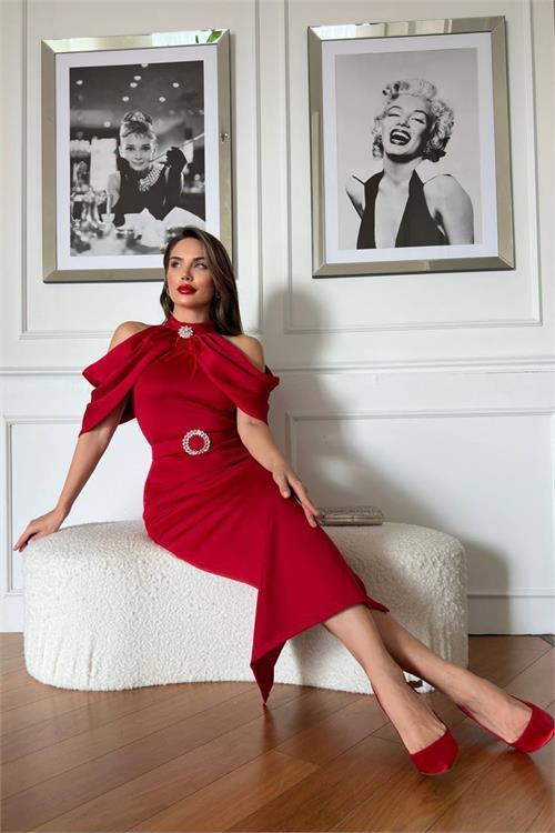 Dipmoda kadın omuz detaylı toka kemerli midi boy elbise DPNC110095