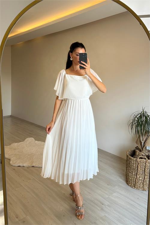 Dipmoda kadın omzu açık piliseli midi şifon elbise NM006